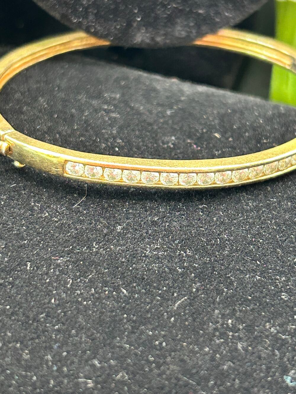Gold Plated CZ Set Channel Bangle Bracelet 925 Sterling Hinged
